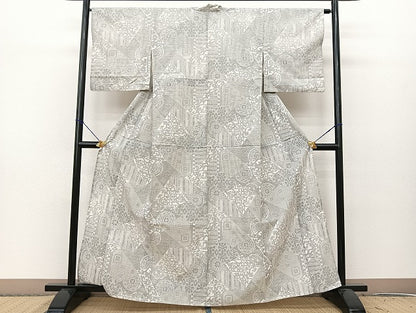 平和屋着物▽お召　単衣　切り嵌め草花文　洗える着物　BAAS8181yc
