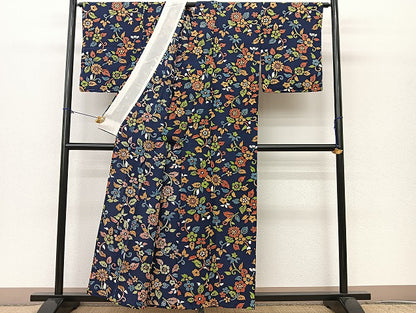 平和屋着物▽上質な小紋　単衣　花唐草文　正絹　逸品　未使用　BAAS8182yc