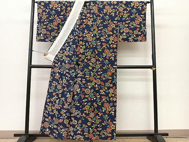 平和屋着物▽上質な小紋　単衣　花唐草文　正絹　逸品　未使用　BAAS8182yc