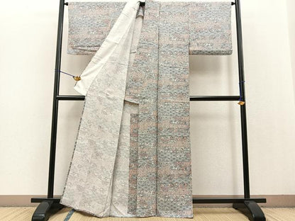 平和屋着物▽上質な小紋 単衣 紬地 更紗花蝶文 正絹 逸品 BAAT0406yt