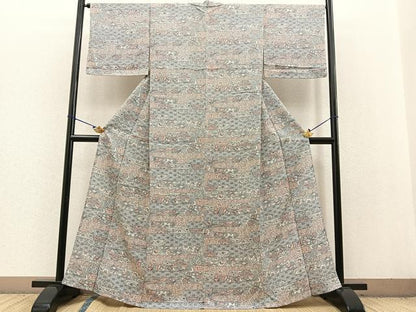 平和屋着物▽上質な小紋 単衣 紬地 更紗花蝶文 正絹 逸品 BAAT0406yt