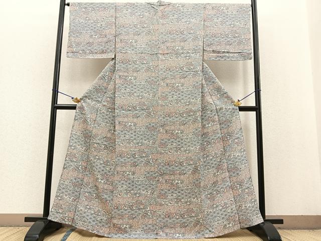 平和屋着物▽上質な小紋 単衣 紬地 更紗花蝶文 正絹 逸品 BAAT0406yt