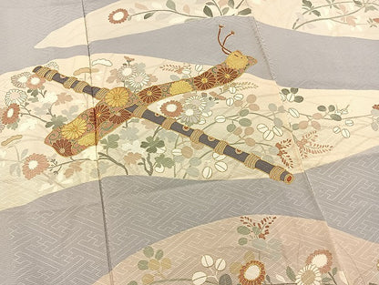 平和屋着物▽訪問着 単衣 駒刺繍 横笛草花文 金彩 正絹 逸品 BAAT0405yt
