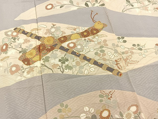 平和屋着物▽訪問着 単衣 駒刺繍 横笛草花文 金彩 正絹 逸品 BAAT0405yt