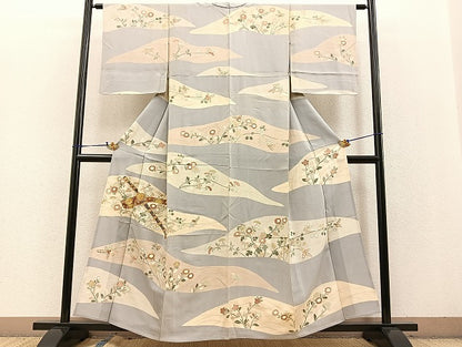 平和屋着物▽訪問着 単衣 駒刺繍 横笛草花文 金彩 正絹 逸品 BAAT0405yt