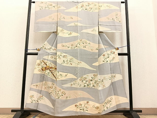 平和屋着物▽訪問着 単衣 駒刺繍 横笛草花文 金彩 正絹 逸品 BAAT0405yt