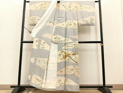平和屋着物▽訪問着 単衣 駒刺繍 横笛草花文 金彩 正絹 逸品 BAAT0405yt
