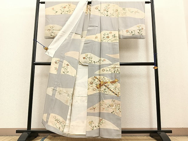 平和屋着物▽訪問着 単衣 駒刺繍 横笛草花文 金彩 正絹 逸品 BAAT0405yt