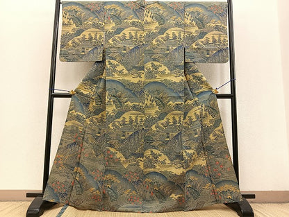 平和屋着物▽上質な小紋 単衣 風景文 正絹 逸品 BAAT0404yt