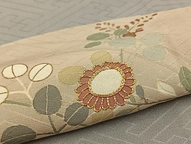 平和屋着物▽訪問着 単衣 駒刺繍 横笛草花文 金彩 正絹 逸品 BAAT0405yt