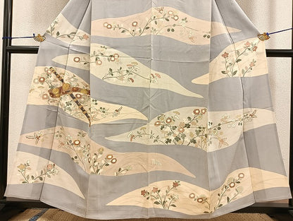 平和屋着物▽訪問着 単衣 駒刺繍 横笛草花文 金彩 正絹 逸品 BAAT0405yt