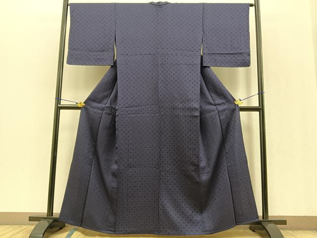 平和屋着物▽上質な色無地　単衣　七宝地紋　藍鉄色　正絹　逸品　未使用　BAAT0423yt