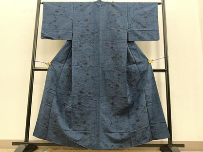平和屋着物▽上質な紬　単衣　枝花文　正絹　逸品　BAAT0428yt