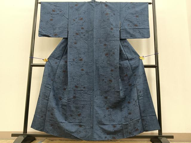 平和屋着物▽上質な紬　単衣　枝花文　正絹　逸品　BAAT0428yt