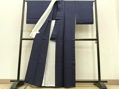 平和屋着物▽上質な色無地　単衣　七宝地紋　藍鉄色　正絹　逸品　未使用　BAAT0423yt