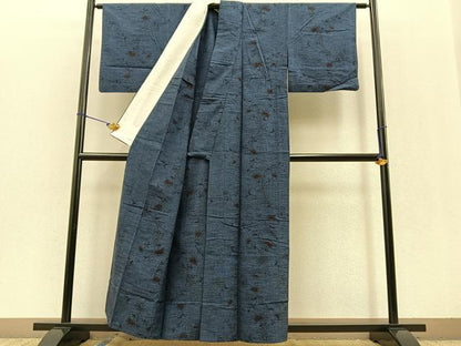 平和屋着物▽上質な紬　単衣　枝花文　正絹　逸品　BAAT0428yt