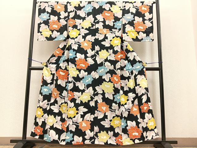 平和屋着物▽上質な小紋 単衣 地紋起こし 牡丹花文 正絹 逸品 BAAT0437yt