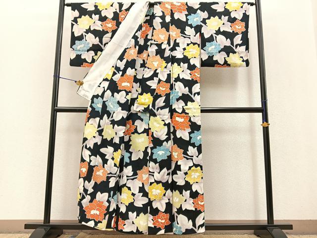 平和屋着物▽上質な小紋 単衣 地紋起こし 牡丹花文 正絹 逸品 BAAT0437yt