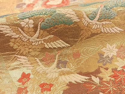 平和屋着物◎六通柄袋帯 唐織 御所車花鳥文 金糸 正絹 逸品 BAAT0469yt