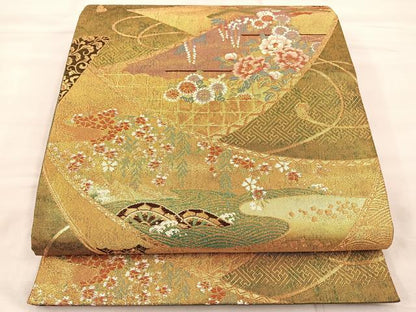 平和屋着物◎六通柄袋帯　唐織　草花絵巻　金糸　正絹　逸品　BAAT0468yt