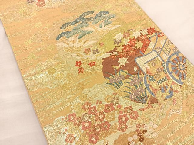 平和屋着物◎六通柄袋帯 唐織 御所車花鳥文 金糸 正絹 逸品 BAAT0469yt