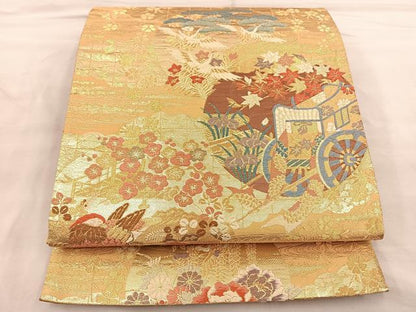 平和屋着物◎六通柄袋帯 唐織 御所車花鳥文 金糸 正絹 逸品 BAAT0469yt