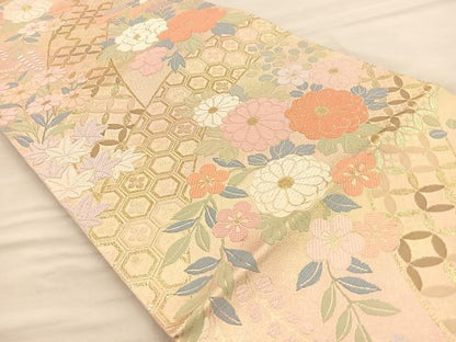 平和屋着物◎六通柄袋帯 作家物 草花文 金糸 正絹 逸品 BAAR1628if