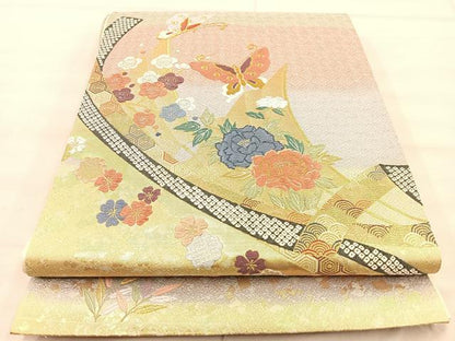 平和屋着物◎六通柄袋帯 唐織 花蝶文 金糸 正絹 逸品 BAAT1815if