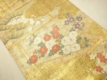 平和屋着物◎佐賀錦 六通柄袋帯 屏風草花文 金糸 正絹 逸品 CAAS7647ua
