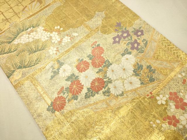 平和屋着物◎佐賀錦 六通柄袋帯 屏風草花文 金糸 正絹 逸品 CAAS7647ua