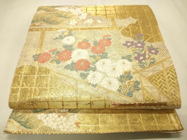 平和屋着物◎佐賀錦 六通柄袋帯 屏風草花文 金糸 正絹 逸品 CAAS7647ua