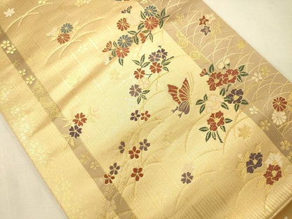 平和屋着物◎六通柄袋帯 唐織 花蝶間道 金糸 正絹 逸品 CAAS7651ua