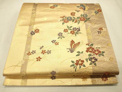 平和屋着物◎六通柄袋帯 唐織 花蝶間道 金糸 正絹 逸品 CAAS7651ua