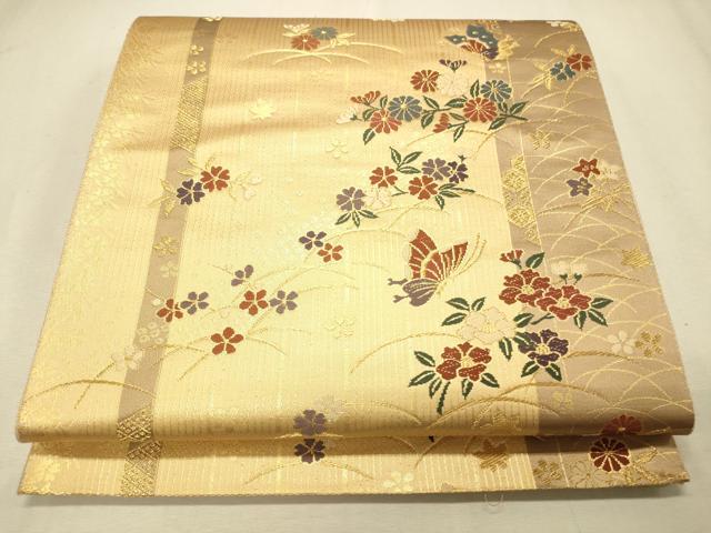平和屋着物◎六通柄袋帯 唐織 花蝶間道 金糸 正絹 逸品 CAAS7651ua