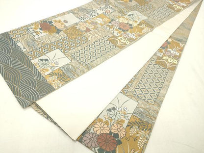 平和屋着物◎六通柄袋帯 短冊花文 金糸 正絹 逸品 CAAS7625ua