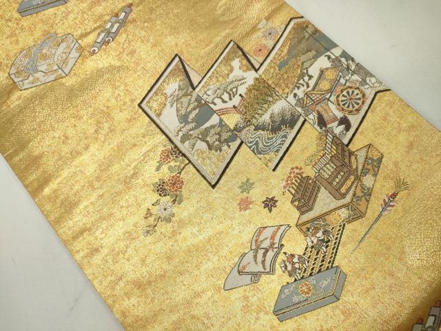 平和屋着物◎六通柄袋帯 屏風吉祥花文 金糸 正絹 逸品 CAAS7639ua