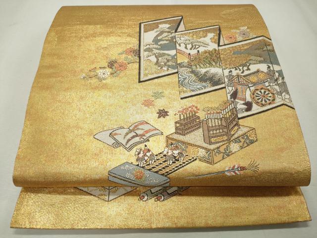 平和屋着物◎六通柄袋帯 屏風吉祥花文 金糸 正絹 逸品 CAAS7639ua