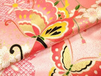 平和屋着物[]七五三　女の子　７歳　祝着　四つ身　花蝶文　金彩　洗える着物　DAAR1438jm
