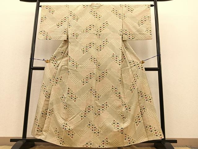 平和屋着物▽上質な紬 単衣 網代文様 正絹 逸品 BAAT1122hv