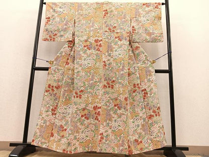 平和屋着物▽上質な小紋 単衣 牡丹花文 金彩 正絹 逸品 BAAT1120hv