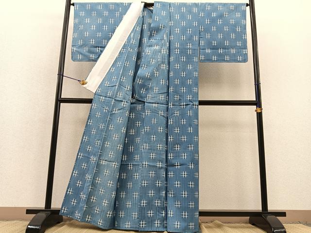 平和屋着物▽上質な紬　単衣　井桁絣　正絹　逸品　BAAT1128hv