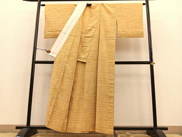 平和屋着物▽上質な紬 単衣 格子柄 正絹 逸品 BAAT1121hv