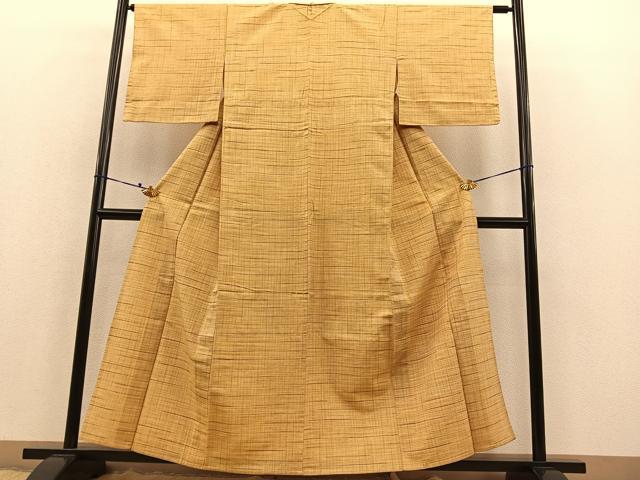 平和屋着物▽上質な紬 単衣 格子柄 正絹 逸品 BAAT1121hv