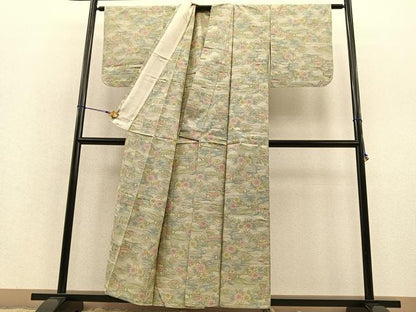 平和屋着物▽上質な紬 単衣 御所解花文 正絹 逸品 BAAT1151hv