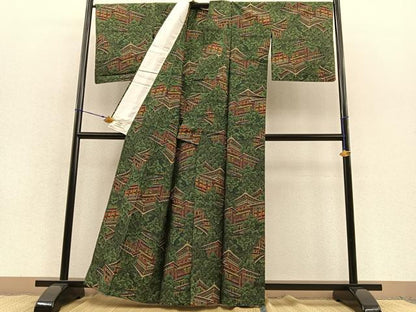 平和屋着物▽上質な紬 単衣 樹林風景文 やまと誂製 正絹 逸品 BAAT1162hv