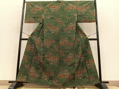 平和屋着物▽上質な紬 単衣 樹林風景文 やまと誂製 正絹 逸品 BAAT1162hv