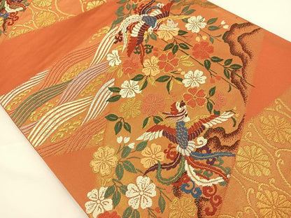 平和屋着物◎六通柄袋帯 唐織 尾長鳥花文 金糸 正絹 逸品 BAAS9423ow