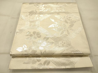 平和屋着物◎六通柄袋帯　天井草花文　銀糸　正絹　逸品　AAAU9845fw