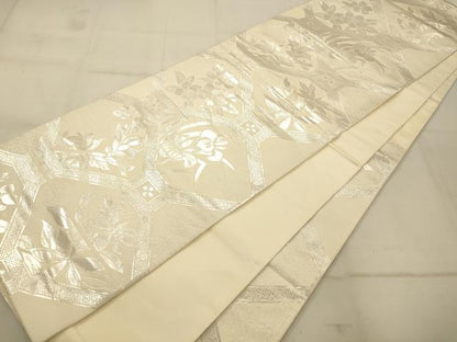 平和屋着物◎六通柄袋帯　天井草花文　銀糸　正絹　逸品　AAAU9845fw