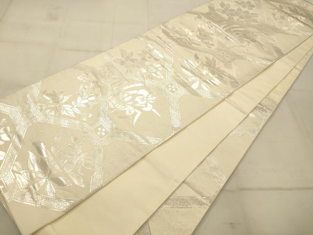 平和屋着物◎六通柄袋帯　天井草花文　銀糸　正絹　逸品　AAAU9845fw